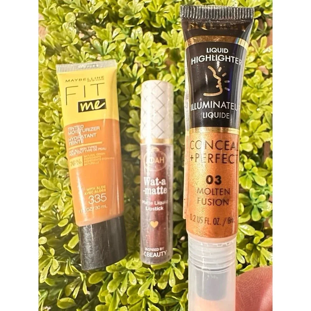 Maybelline Fit Me Tinted Moisturizer, Lipstick , and Milani Highlighter Bundle